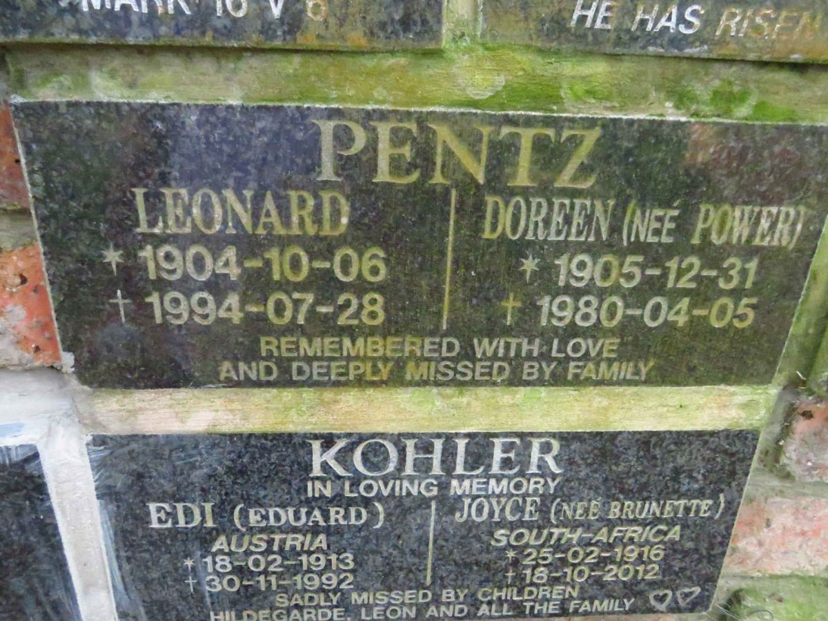 PENTZ Leonard 1904-1994 &amp; Doreen POWER 1905-1980