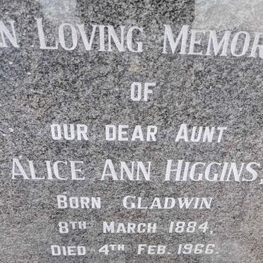HIGGINS Alice Ann nee GLADWIN 1884-1966