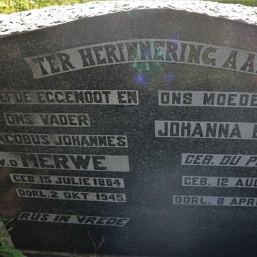 MERWE Jacobus Johannes, v.d. 1884-1945 &amp; Johanna Elizabeth DU PLESSIS 1885-1975