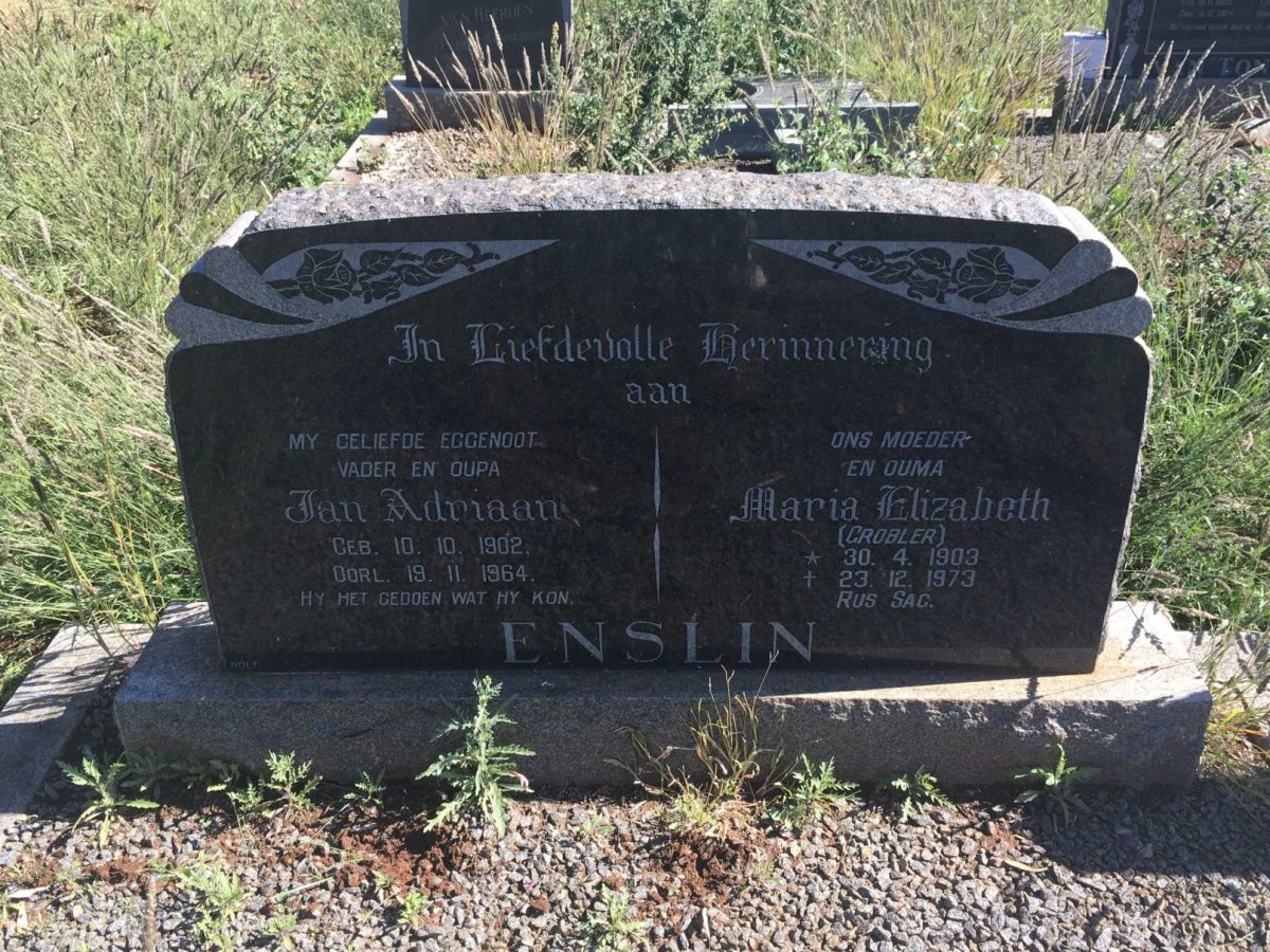 ENSLIN Jan Adriaan 1902-1964 &amp; Maria Elizabeth GROBLER 1903-1973