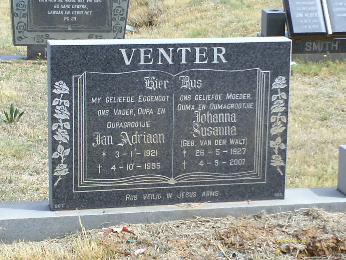 VENTER Jan Adriaan 1921-1995 &amp; Johanna Susanna VAN DER WALT 1927-2007