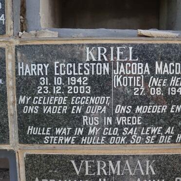 KRIEL Harry Eccleston 1942-2003 &amp; Jacoba Magdalena HELBERG 1949-