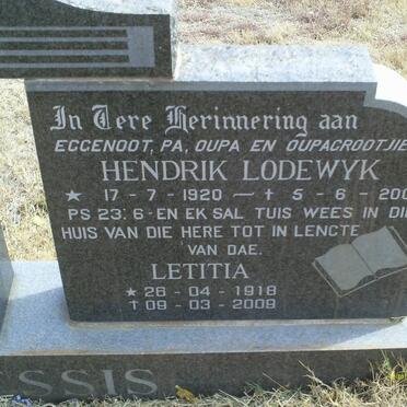 PLESSIS Hendrik Lodewyk, du 1920-2003 &amp; Letitia 1918-2009