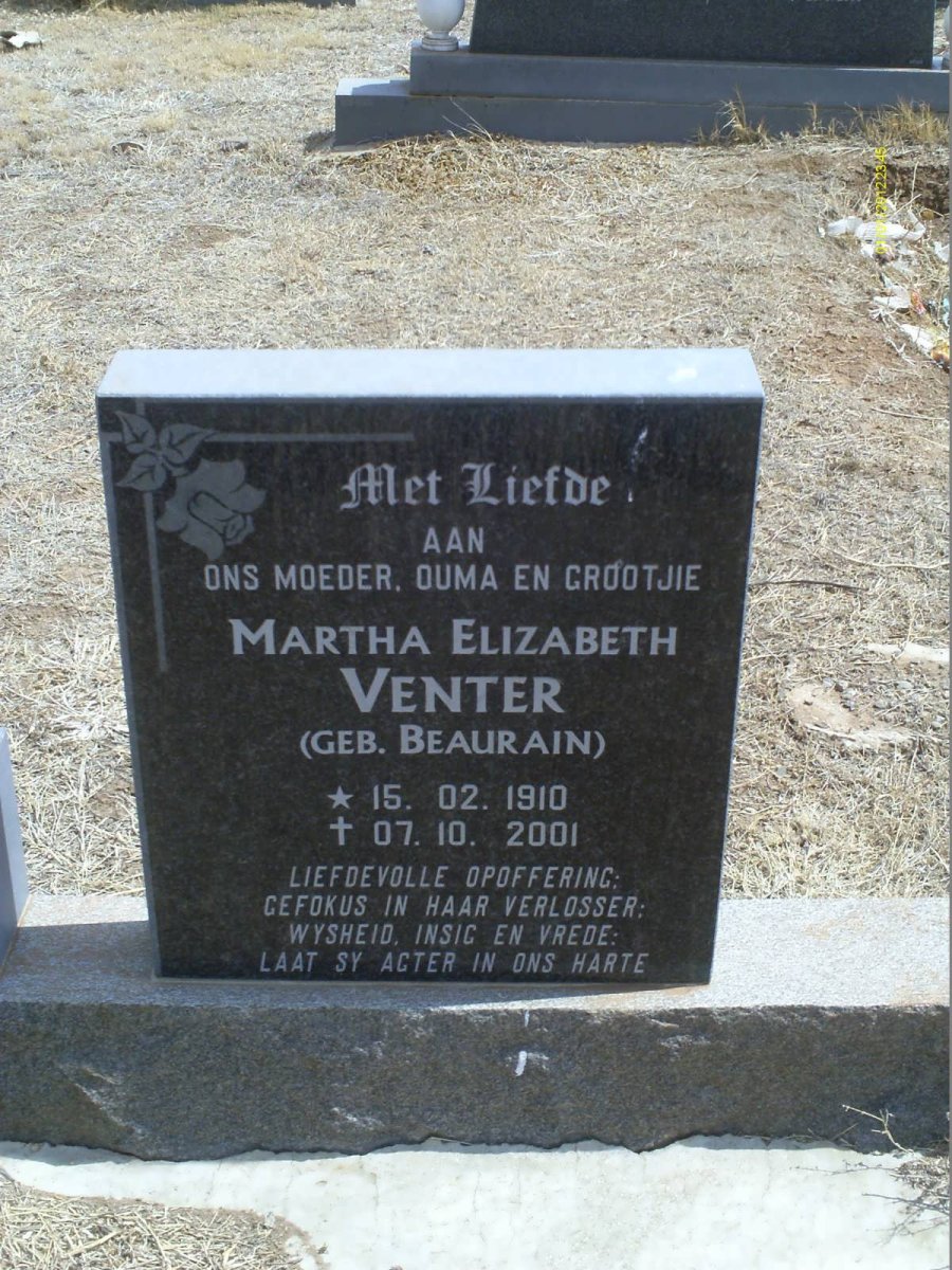 VENTER Martha Elizabeth nee BEAURAIN 1910-2001