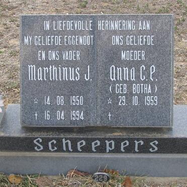 SCHEEPERS Marthinus J. 1950-1994 &amp; Anna C.E.  BOTHA 1959-