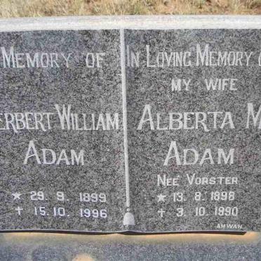 ADAM Herbert William 1899-1996 &amp; Alberta M. VORSTER 1898-1990