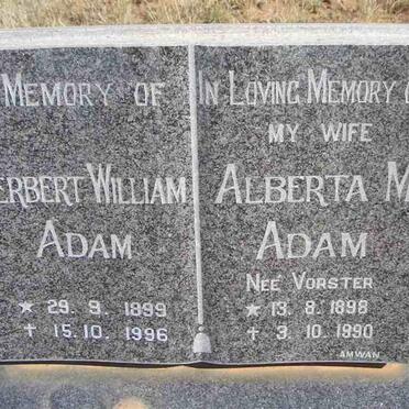 ADAM Herbert William 1899-1996 &amp; Alberta M. VORSTER 1898-1990
