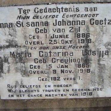 COETZEE Maria Catarina Lusija nee GREYLINGH 1865-1918 :: COETZEE Anna Susanna Johanna nee VAN ZIJL 1886-1918