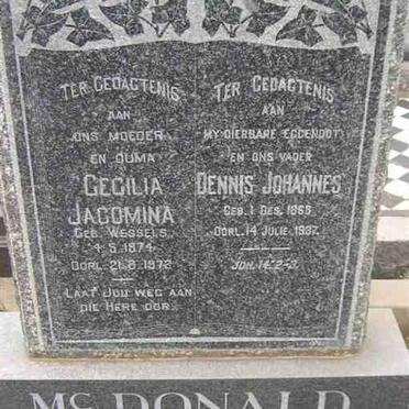 McDONALD Dennis Johannes 1868-1937 &amp; Cecilia Jacomina  WESSELS 1874-1972