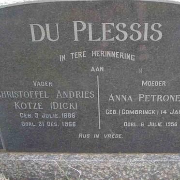 PLESSIS Christoffel Andries Kotze, du 1886-1966 &amp; Anna Petronella COMBRINCK 1886-1956