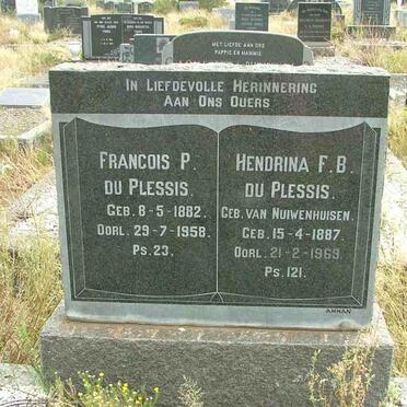 PLESSIS Francois P., du 1882-1958 &amp; Hendrina F.B. VAN NUIWENHUISEN 1887-1969