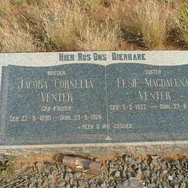 VENTER Jacoba Cornelia nee KRUGER 1890-1926 :: VENTER Elsie Magdalena 1922-1926