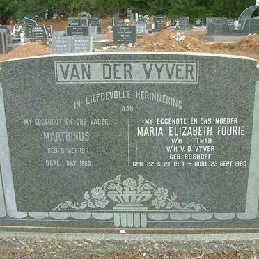 VYFER Marthinus, van der 1911-1969 &amp; Maria Elizabeth FOURIE previously DITTMAR and V.D VYFER nee BOSHOFF 1914-1980