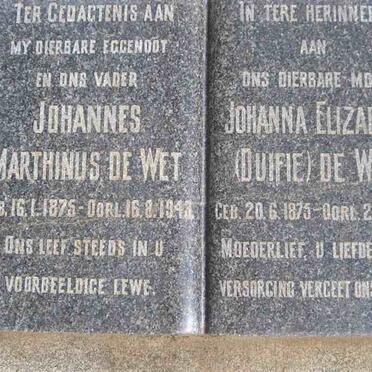 WET Johannes Marthinus, de 1875-1943 &amp; Johanna Elizabeth 1875-1952