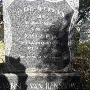 RENSBURG Anna Aletta, Janse van nee STREICHER 1892-1949