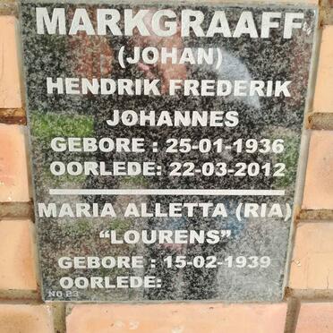 MARKGRAAFF Hendrik Frederik Johannes 1936-2012 &amp; Maria Alletta LOURENS 1939-