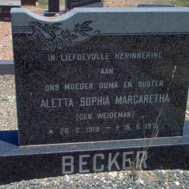 BECKER Aletta Sophia Margaretha nee WEIDEMAN 1919-1975