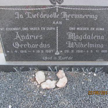 MERWE Andries Gerhardus, v.d. 1916-1987 &amp; Magdalena Wilhelmina 1918-1995