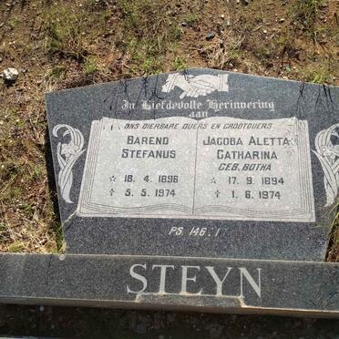 STEYN Barend Stefanus 1896-1974 &amp; Jacoba Aletta Catharina BOTHA 1894-1974