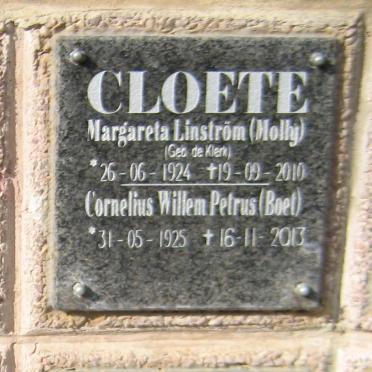 CLOETE Cornelius Willem Petrus1925-2013 &amp; Margareta Linström DE KLERK 1924-2010