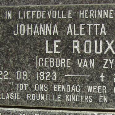 ROUX Johanna Aletta, le nee VAN ZYL 1923-2006
