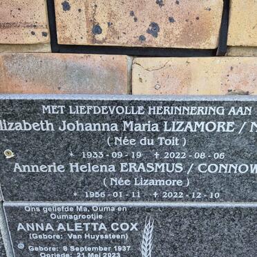 NIJHOF Elizabeth Johanna Maria, LIZAMORE nee DU TOIT 1933-2022 :: CONNOWAY Anerie Helena, ERASMUS nee LIZAMORE 1956-2022