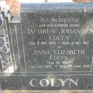 COLYN Jacobus Johannes 1870-1917 &amp; Anna Elizabeth DE WET 1879-1949