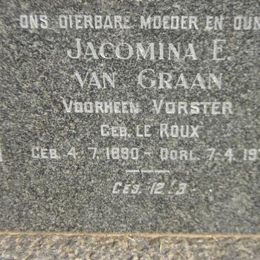 GRAAN Jacomina E., van formerly VORSTER nee LE ROUX 1890-1970