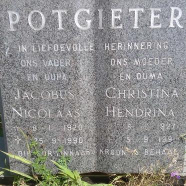 POTGIETER Jacobus Nicolaas 1920-1990 &amp; Christina Hendrina 1927-1991