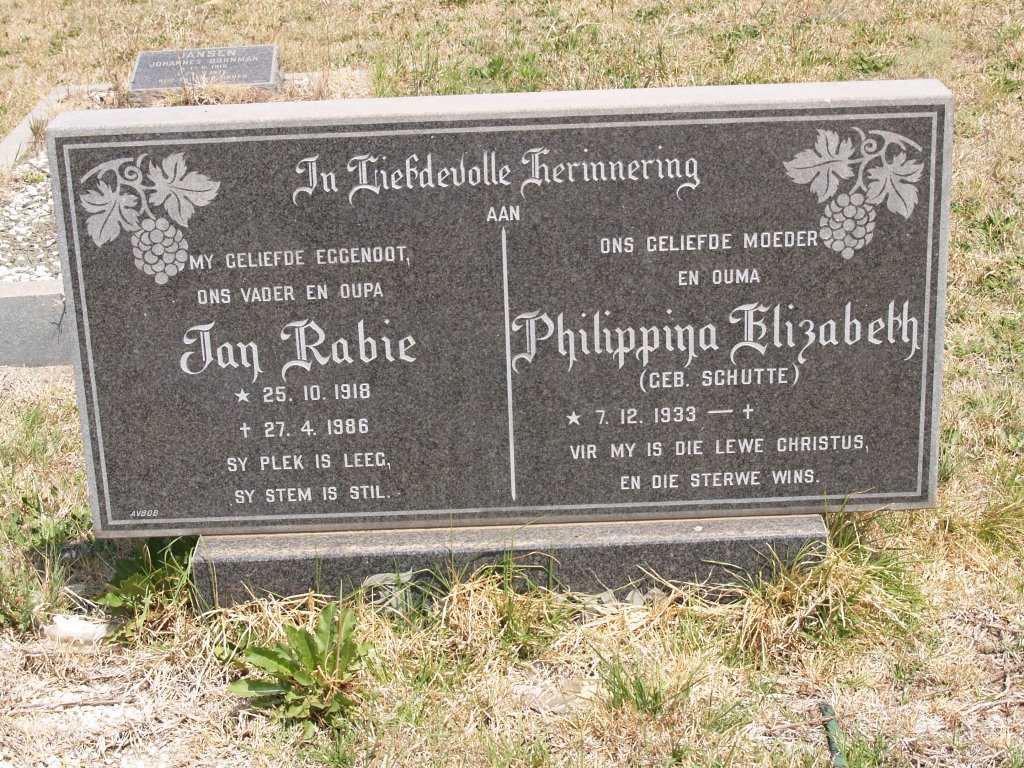 JANSEN Jan Rabie 1918-1986 &amp; Philippina Elizabeth SCHUTTE 1933-