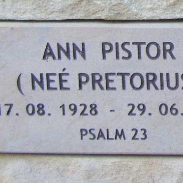 PISTOR Ann nee PRETORIUS 1928-2013