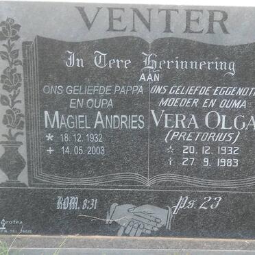 VENTER Magiel Andries 1932-2003 &amp; Vera Olga PRETORIUS 1932-1983