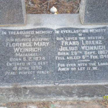 WEINRICH Frans Lorenz Julius 1867-1940 &amp; Florence Mary MACASKILL 1874-1950