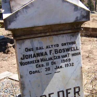 BOSWELL Johanna F., formerly MALAN, nee VAN TONDER 1869-1932