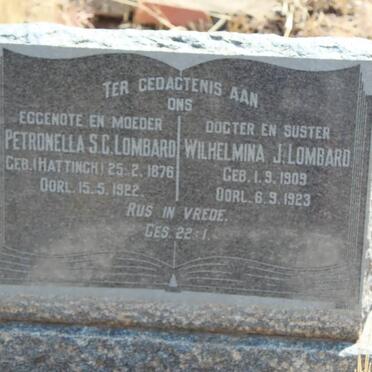 LOMBARD Petronella S.C. nee HATTINGH 1876-1922 :: LOMBARD Wilhelmina J. 1909-1923