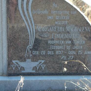 LINDENBERG Margaretha Magdalena formerly VAN TONDER nee DE JAGER 1897-1983