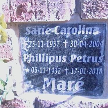 MARÉ Phillipus Petrus 1932-2018 &amp; Sarie Carolina 1937-2004