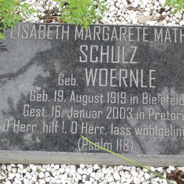 SCHULZ Elisabeth Margarete Mathilde nee WOERNLE 1919-2003