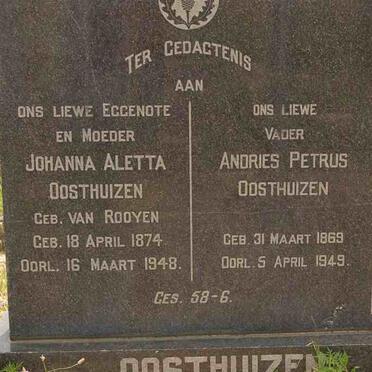 OOSTHUIZEN Andries Petrus 1869-1949 &amp; Johanna Aletta VAN ROOYEN 1874-1948
