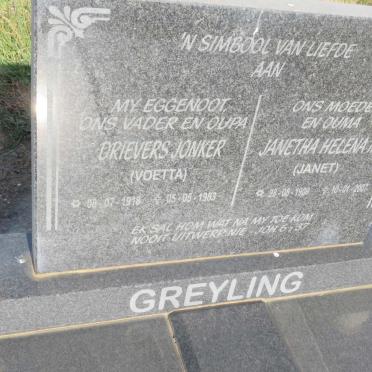 GREYLING Drievers Jonker 1918-1983 &amp; Janetha Helena M. 1909-2007