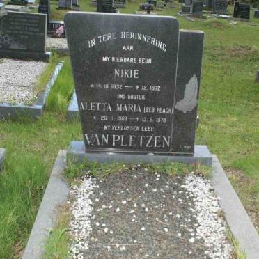 PLETZEN Nikie, van  1932-1972, VAN PLETZEN Aletta Maria  nee PEACH 1907-1978