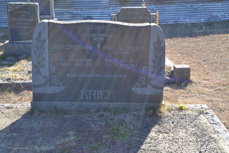 KRIEK Johan Christiaan 1862-1934 &amp; Anna Elizabeth FOURIE 1875-19?2