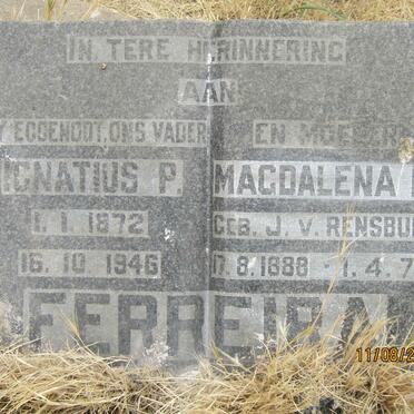 FERREIRA Ignatius P. 1872-1946 &amp; Magdalena P.  J. v. RENSBURG 1888-1976