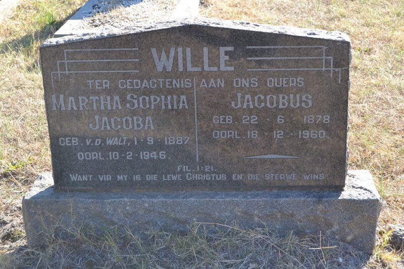 WILLE Jacobus 1878-1960 &amp; Martha Sophia V.D. WALT 1887-1946