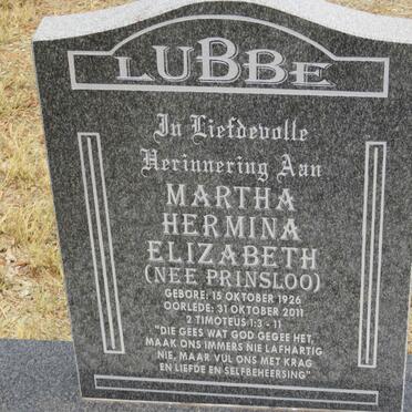 LUBBE Martha Hermina Elizabeth nee PRINSLOO 1926-2011