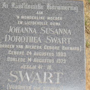SWART Johanna Susanna Dorothea voorheen VAN NIEKERK nee BARNARD 1903-1979