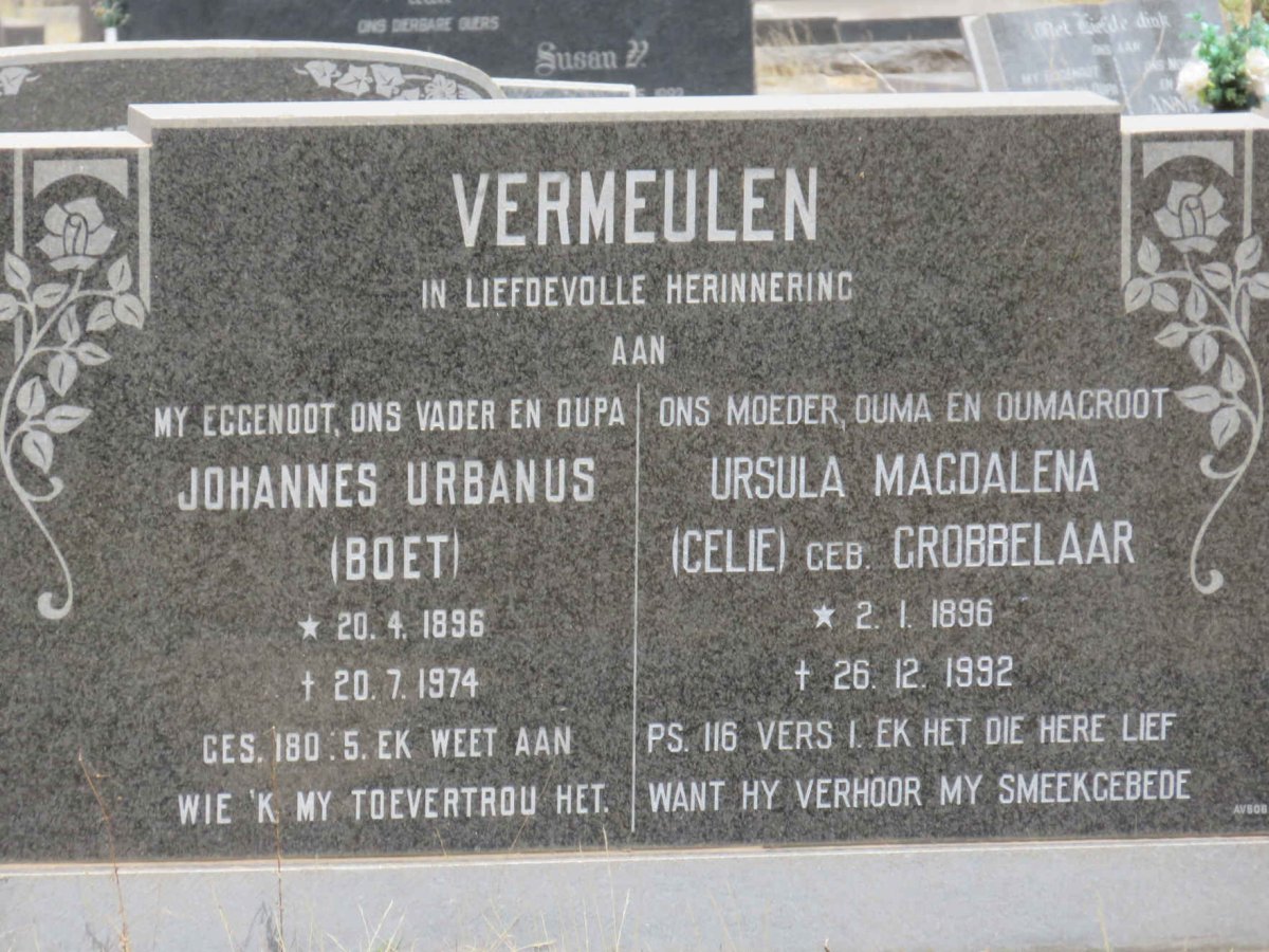 VERMEULEN Johannes Urbanus 1896-1974 &amp; Ursula Magdalena GROBBELAAR 1896-1992