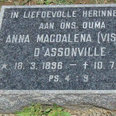 D'ASSONVILLE Anna Magdalena nee VISSER 1896-1981
