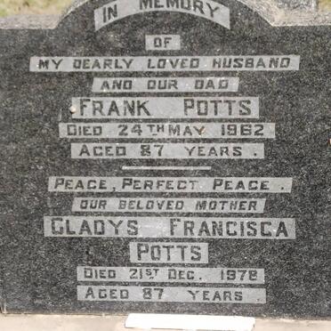 POTTS Frank -1962 &amp; Gladys Francisca -1978
