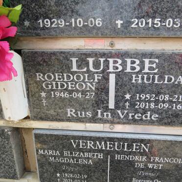 LUBBE Roedolf Gideon 1946- &amp; Hulda 1952-2018